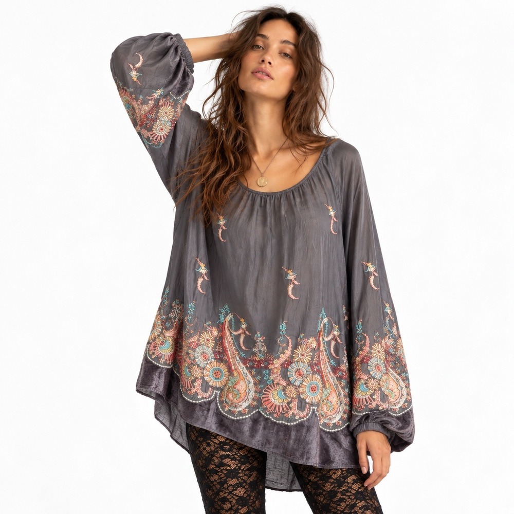 Sundance Boho Paisley Floral Embroidered Tunic XL Romantic Fairy Velvet Trim Top